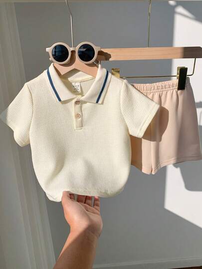 SHEIN 男婴柔软针织 Polo 领短袖亨利衫和短裤套装