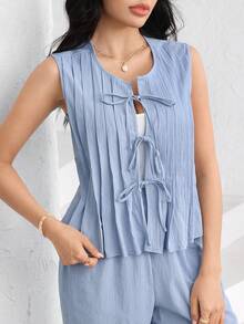 Mulvari 2pcs Set Light Blue Summer Casual Loungewear: Tie Collar Striped Sleeveless Shirt And Elastic Waist Straight Leg Pants Terno Outfit For Women Coords - Blue - View 3