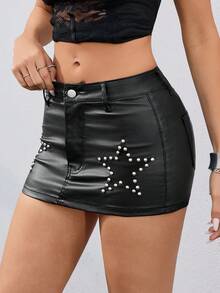 Flirla Y2K Low Waist Fashion Star Studded PU Coated Mini Skirt - Black - View 6