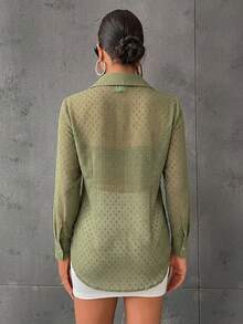 Aveloria Modichic Button Front Sheer Shirt Without Bra Workwear Elegant Business Casual Women Button Up Shirt Women  - Green - View 2