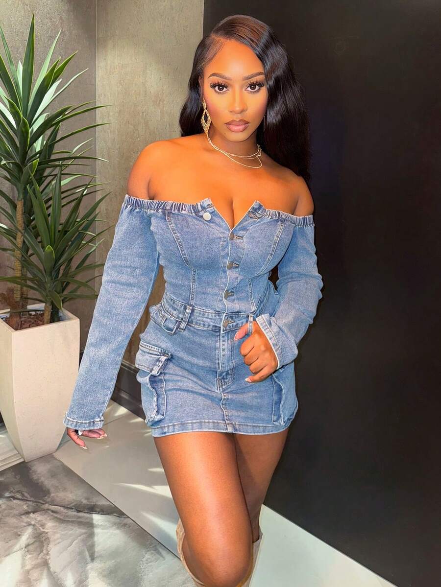 Chea Andrea 女士露肩长袖纽扣半开襟实用口袋修身牛仔连衣裙 - 藍色 - 查看 1