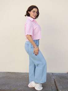 Lupita Cardoza 条纹短款宽松翻领短袖女式衬衫 - 玫紅色 - 查看 5