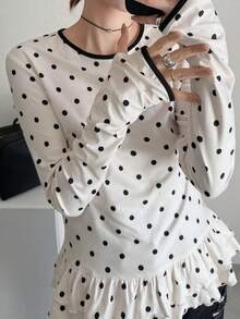 FRIFUL 女款圓領植絨波點修身對比飾邊長袖T恤 - 杏色 - 查看 8