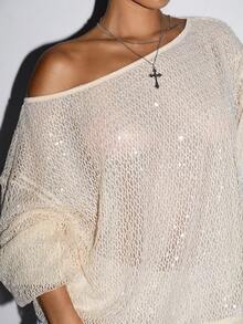 SHEIN ICON Y2K 女士沙滩度假外出 Coachella 俱乐部沙滩装串珠宽松镂空长袖衬衫，夏季 - 杏色 - 查看 11