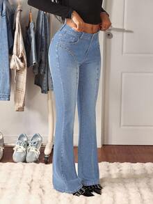 SHEIN Tall 休闲百搭珍珠装饰低腰喇叭牛仔裤 - 淺色水洗藍 - 查看 7