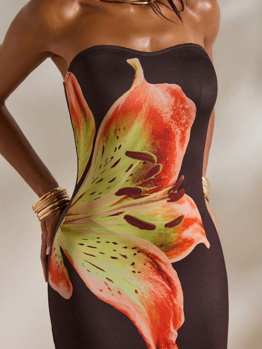 Opulessa Spring/Summer Vacation Knit Printed Fitted Tube Dress For Women Brown Dress  Beach Outfit, Spring Summer Outfits, Festival Dress, Elegant Party Dress, Beach Vacation Outfits, Wedding Guest Dresses, Formal Graduation Dress, Floral Dress, Work Outfits For Women,Y2K Tropical Dress Graphic Dress Strapless Dress - Black - View 1