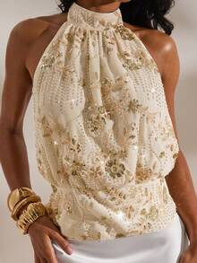 Opulessa 女士性感露背亮片装饰吊带衫，适合度假 - 杏色 - 查看 1