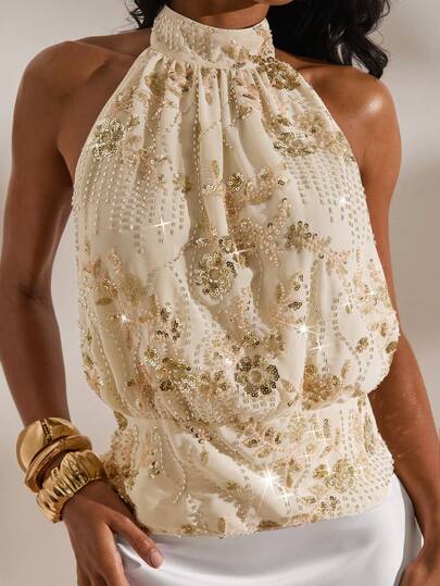 Opulessa Women's Sexy Backless Sequin Decorated Halter Neck Blouse For Vacation