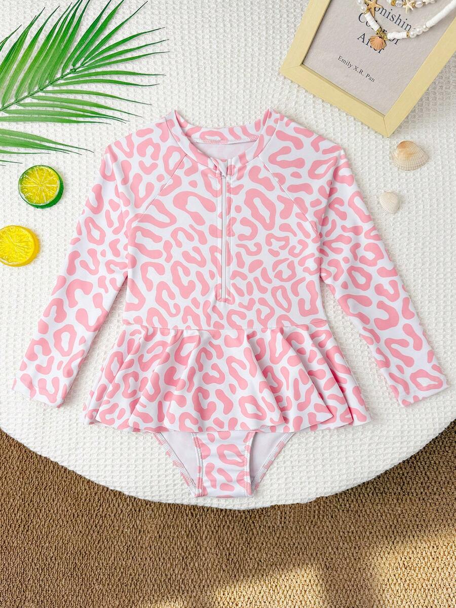 Young Girl One-Piece Swimsuit,Pink Leopard Print Long Sleeve Rash Guard For Kids,Cute Ruffled Sun Protection Swimwear For Summer,Beach,Holiday - Pink - View 1