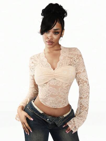 Amplova 2026 New Lace Sexy Sheer Women Blouse