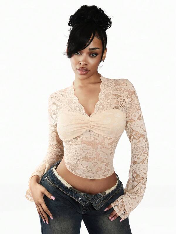 Amplova 2026 New Lace Sexy Sheer Women Blouse