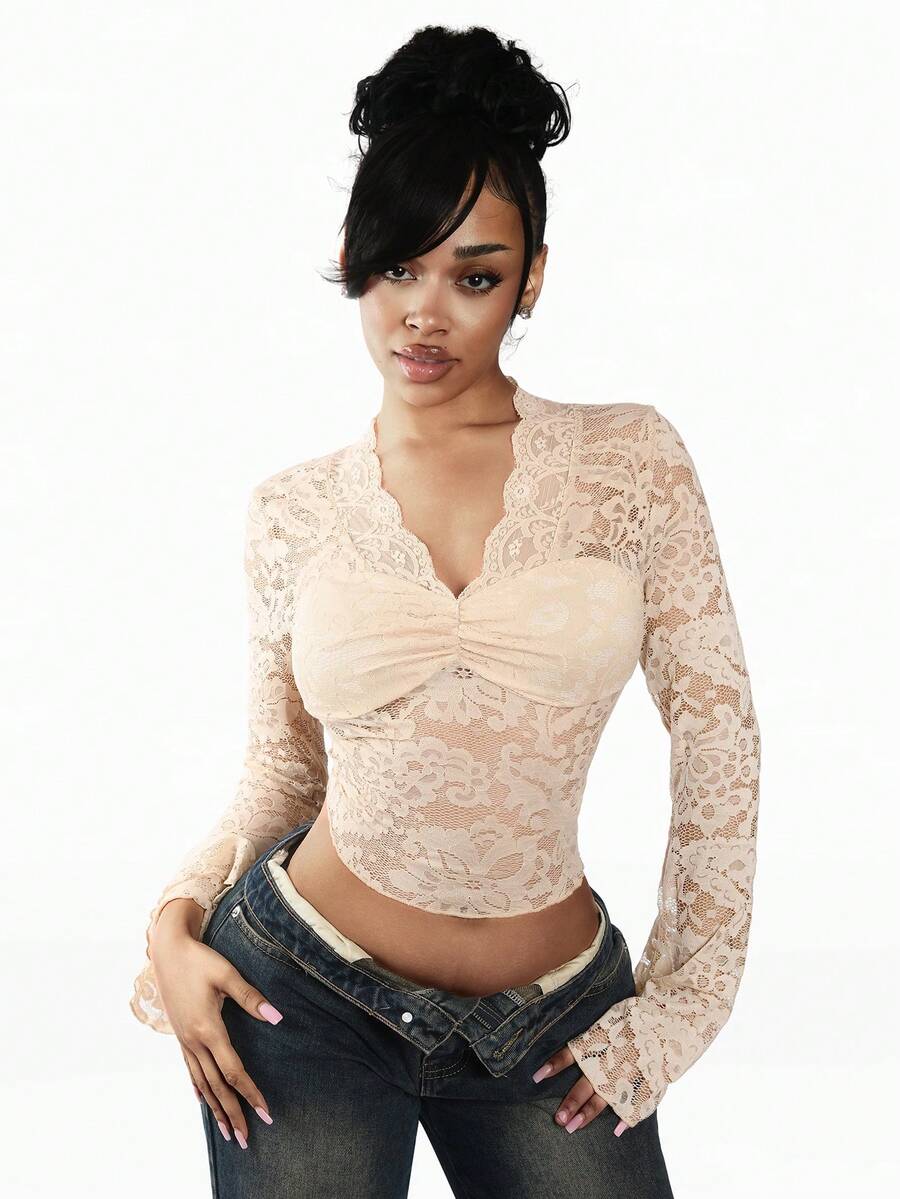 Amplova 2026 New Lace Sexy Sheer Women Blouse - Apricot - View 1