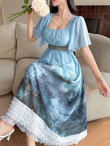 DAZY Women's Elegant Sexy Landscape Print Ruffle Hem Dress, Summer Sun Dresses For Women Golf White - Green - View 6