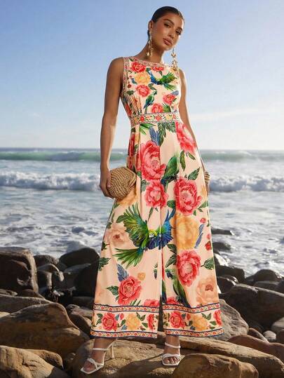 Amorya Women's Elegant Backless Jumpsuit, Loose Fit Colorblock Printed Vacation Romper