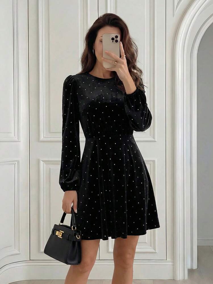 Women's Polka Dot Pattern Round Neck Lantern Sleeve Fashionable Short Dress Women Dresses Autumn Winter Christmas Party Dress Party Dress Elegant Dresses For Women Sparkly Dress Black Dress Going Out Outfit,Party Dresses For Women,Christmas Party Dress New Year Dress