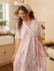 SHEIN 宽松浪漫碎花褶皱睡裙，夏季 - 彩色 - 查看 7