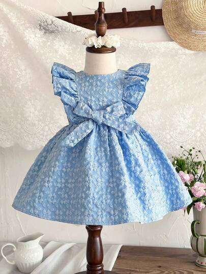 LMoss Kids Baby Girl Woven Jacquard Bow Decor Cute Flutter Sleeve Dress