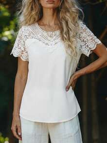 EMERY ROSE Women's Solid Color Round Neck Lace Patchwork Casual Short Sleeve Blouse - White - View 1