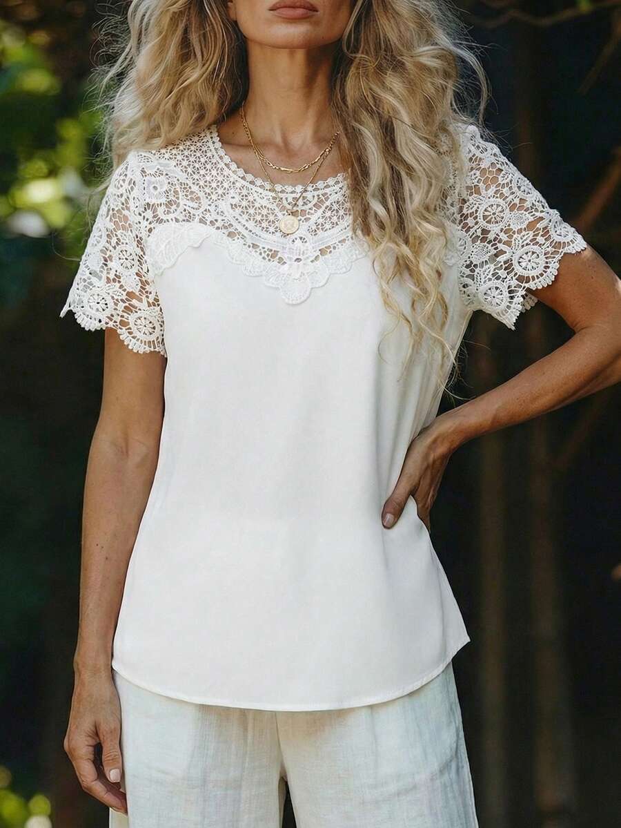EMERY ROSE Women's Solid Color Round Neck Lace Patchwork Casual Short Sleeve Blouse - White - View 1
