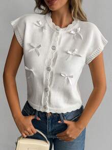 SHEIN Bow Detail Slouchy Shoulder Knit Cardigan Vest / Sleeveless Sweater - Apricot - View 2