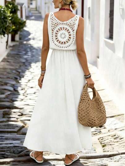 Breezaya 女士无袖连衣裙，圆领，仿门襟纽扣设计，腰部系带，A字廓形，装饰性荷叶边领，休闲度假风