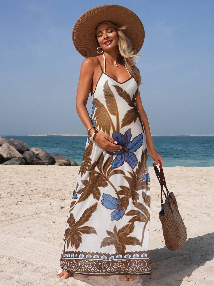 SHEIN Swim Vcay 孕妇沙滩度假植物印花无袖罩衫 - 彩色 - 查看 1