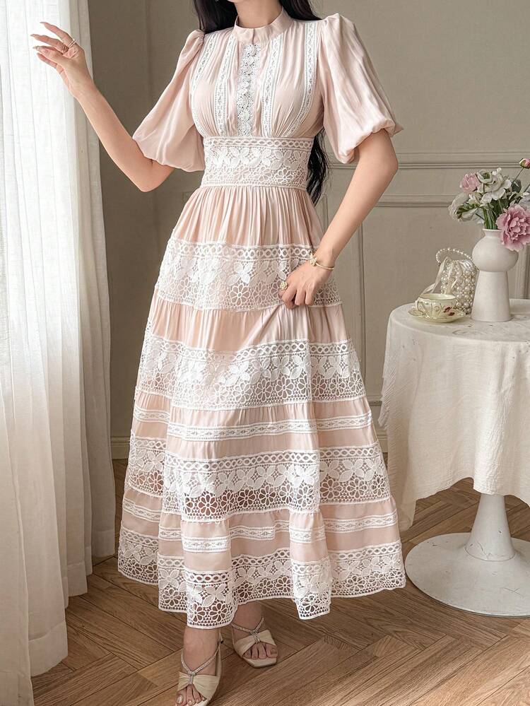 French Lace Dress, Elegant Goddess Style Tea Length Dress, Waist Cinching Slimming Effect, High-End Long Dress For Women In Summer