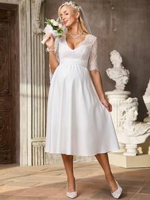 SHEIN Đầm bầu ren xòe thanh lịch, thoải mái, thích hợp cho kỳ nghỉ lãng mạn. - trắng - Xem 4