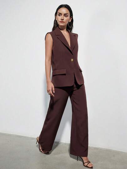 Aveloria Modichic 新款优雅通勤翻领修身无袖背心上衣及高腰直筒裤套装（女士款）