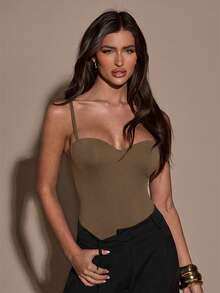 SHEIN BAE Women's Solid Color Casual Versatile Daily Wear Bodysuit - Khaki - View 6