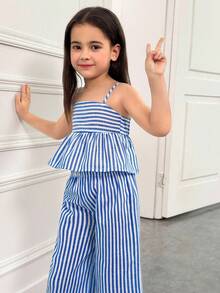 SHEIN Young Girl Casual Vacation College Commute Street Style Camisole Patchwork A-Line Woven Striped Top & Matching Patchwork Wide Leg Long Pants Set Young GirlS - Blue and White - View 10