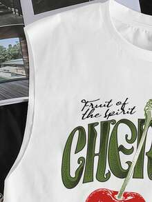 Manfinity Joysei Men's Round Neck Cherry Print Casual Versatile Daily Wear Top, Suitable For Summer Outings - White - View 3