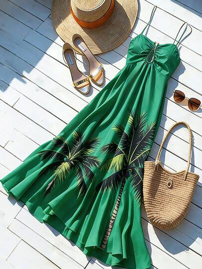 SHEIN Franclia Women's Sleeveless Metal Decor Waist Splicing Printed Palm Tree A-Line Long Dress, Green, Suitable For Vacation & Daily Wear, Spring/Summer