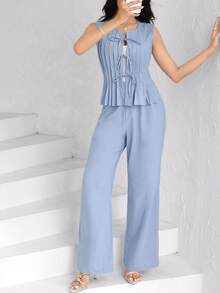 Mulvari 2pcs Set Light Blue Summer Casual Loungewear: Tie Collar Striped Sleeveless Shirt And Elastic Waist Straight Leg Pants Terno Outfit For Women Coords - Blue - View 6