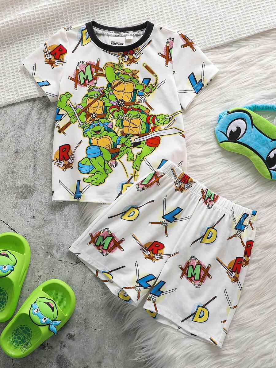 TEENAGE MUTANT NINJA TURTLES | SHEIN 男童卡通印花短袖上衣和短裤睡衣套装 - 白色 - 查看 1