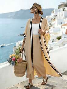 SHEIN LUNE CURVE مجموعة قطعتين تتكون من رداء كاجوال مقسوم مع أكمام 3/4 بخطوط سوداء وبيضاء وبنطال قطني كتان منتظم مطوي - كاكي - مشاهدة 1