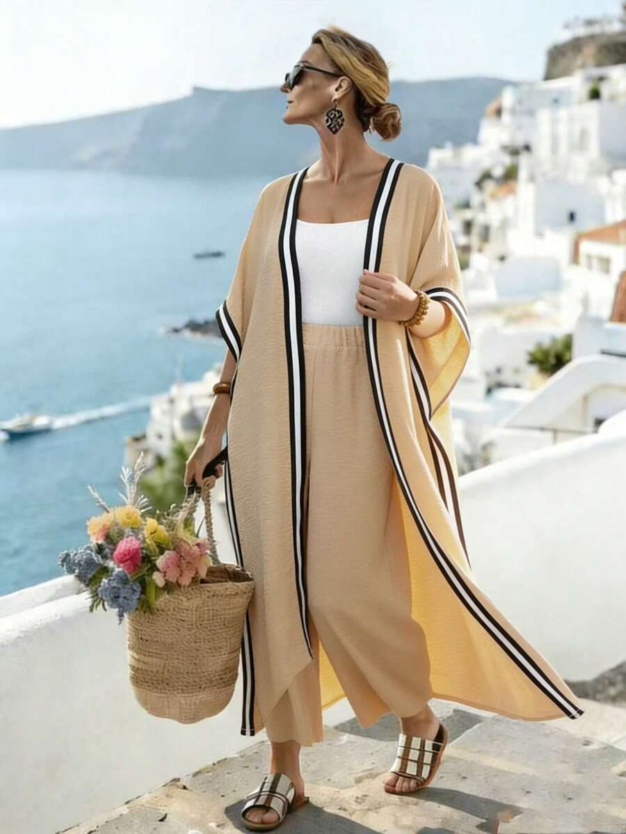 SHEIN LUNE CURVE مجموعة قطعتين تتكون من رداء كاجوال مقسوم مع أكمام 3/4 بخطوط سوداء وبيضاء وبنطال قطني كتان منتظم مطوي - كاكي - مشاهدة 1