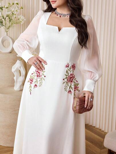 Modelyn Đầm dài tay thanh lịch dành cho nữ cỡ lớn, thêu hoa, phối lưới, kiểu dáng rộng rãi.