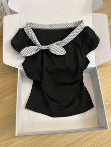 Franclia 女士优雅法式黑白格纹蝴蝶结肩部短袖T恤，新款夏季修身款上衣 - 黑色 - 查看 1