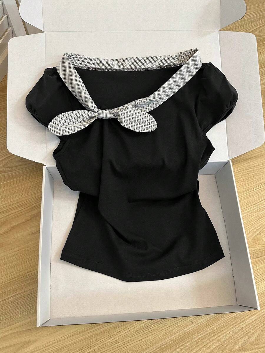 Franclia 女士优雅法式黑白格纹蝴蝶结肩部短袖T恤，新款夏季修身款上衣 - 黑色 - 查看 1