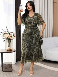 Modelyn 大码女式蝴蝶印花荷叶边短袖优雅连衣裙 - 彩色 - 查看 4
