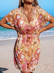 Swim Vcay Women's V-Neck Floral Print Ruched Beach Vacation Dress - Multicolor - View 10