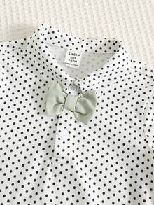 SHEIN 男婴优雅绅士套装，3件套，包括白色波点长袖Polo衫、浅绿色背心和裤子，适合复活节、婚礼、洗礼、一周岁生日、婴儿派对等场合。 - 綠色 - 查看 5
