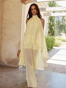 KARISMINA Women's Solid Color Woven Halter Jumpsuit, Spring/Summer Vacation - Pale Yellow - View 1