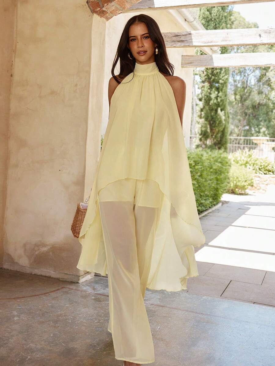 KARISMINA Women's Solid Color Woven Halter Jumpsuit, Spring/Summer Vacation - Pale Yellow - View 1