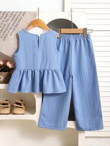 SHEIN Girls (Small) Bow Striped Print Top & Printed Casual Pants Set, Suitable For Summer - Blue - View 2