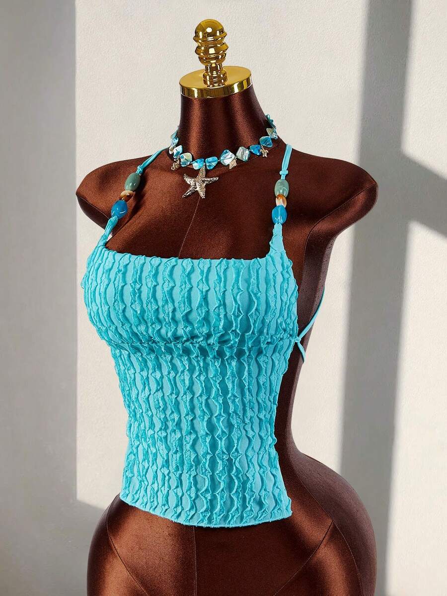 Amplova 2026 New Textured Fabric Beaded Open Back Halter Neck Top - Blue - View 1