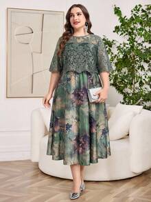 Reflora Đầm ren họa tiết hoa thanh lịch cỡ lớn, thích hợp cho mùa hè. - màu xanh lá - Xem 7