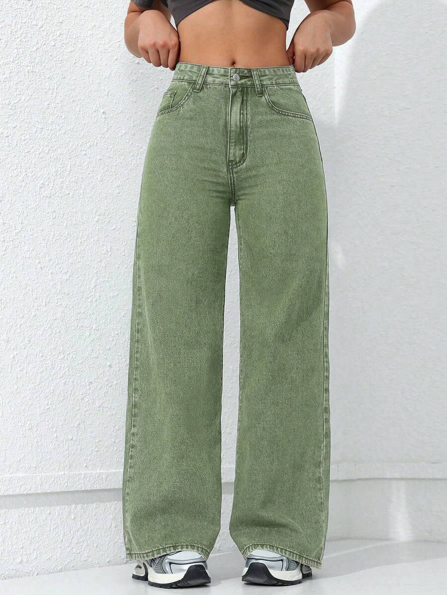SHEIN ICON Women's Loose Fit Wide Leg Pockets Casual Versatile Jeans Pants - Dark Wash - View 1