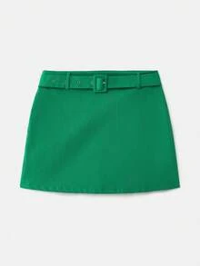 lacRébo 绿色迷你裙，配同色腰带，秋冬复古风 - 綠色 - 查看 8
